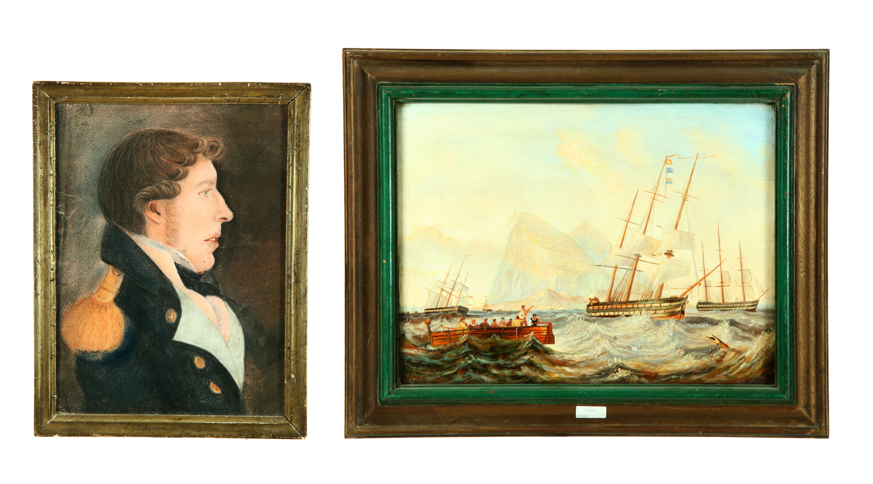 Appraisal: TWO PAINTINGS NAVAL OFFICER AND SAILING SHIPS AMERICAN OR EUROPEAN