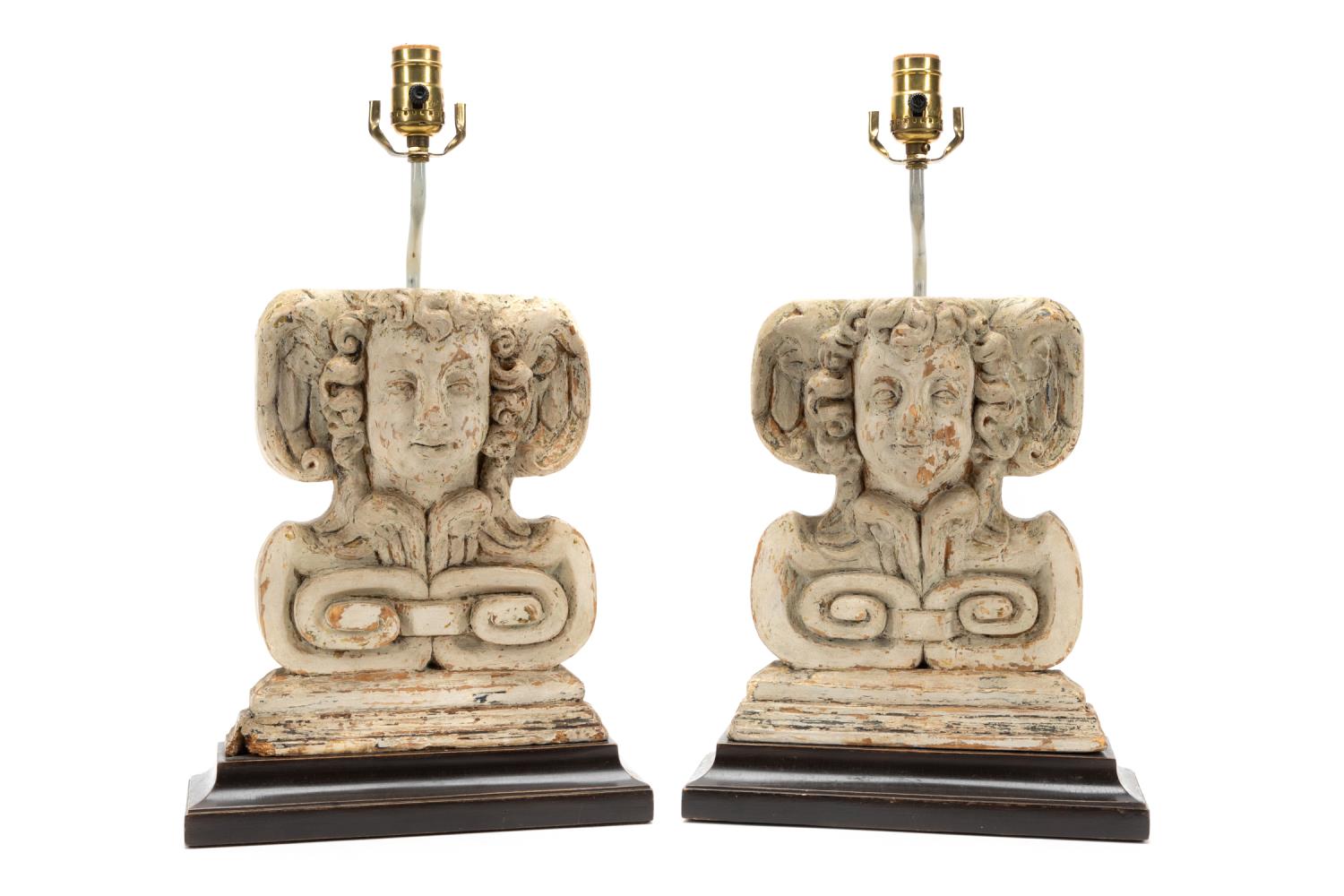 Appraisal: PR FIGURAL ARCHITECTURAL FRAGMENT TABLE LAMPS Pair of possibly Continental