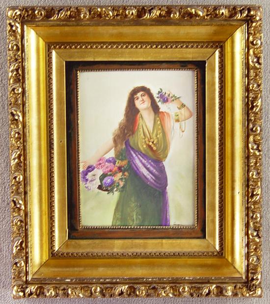 Appraisal: Painting on Porcelain Portrait European late th Century Maiden in