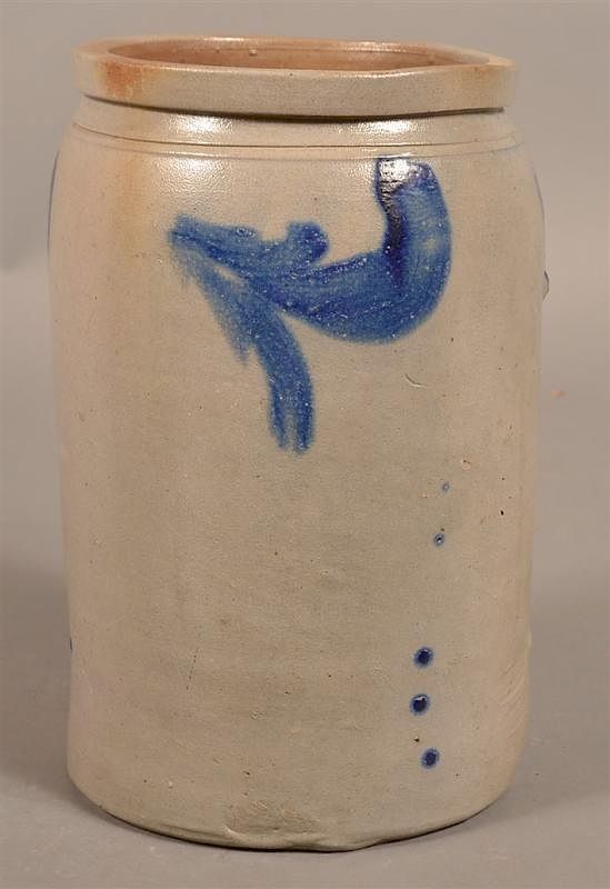 Appraisal: Cobalt Blue Leaf Decorated Stoneware Crock Cobalt Blue Leaf Decorated