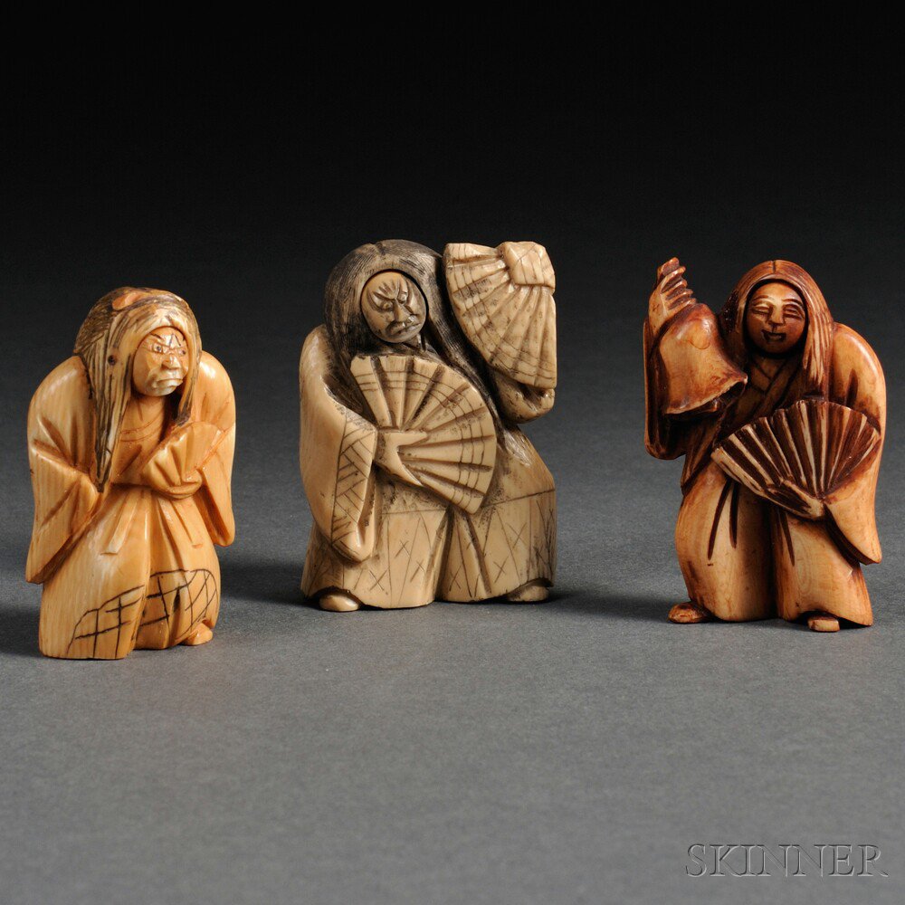 Appraisal: Three Ivory Netsukes Japan th century Noh performers each with