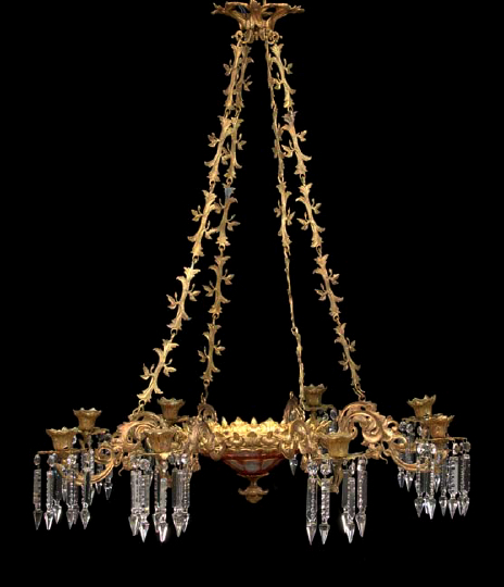 Appraisal: Attractive Northern European Gilt-Brass and Cut Cranberry Overlay Glass Eight-Light