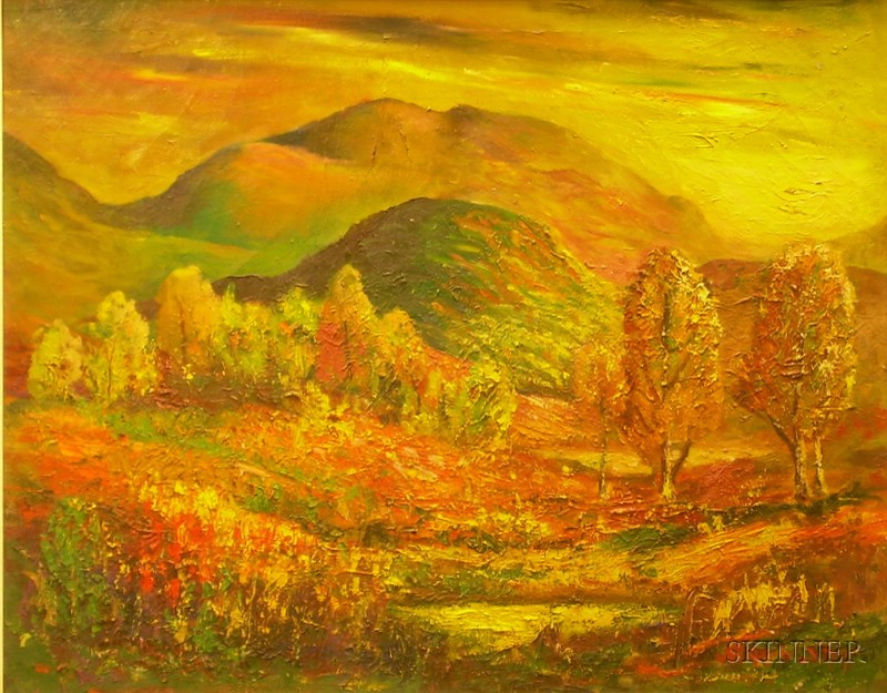 Appraisal: Framed Oil on Canvas Mountain Landscape Scene indistinctly inscribed l