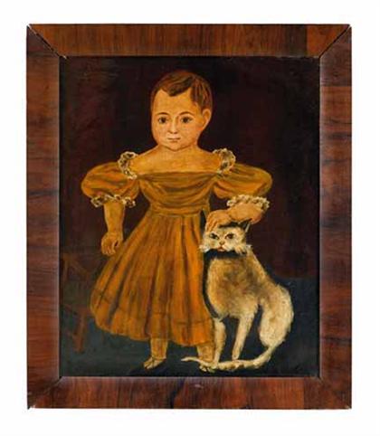 Appraisal: American School th century young child with white cat Unsigned