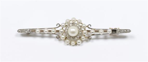 Appraisal: PEARL AND DIAMOND BROOCH ca Platinum yellow and pink gold