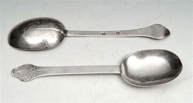 Appraisal: A CHARLES II SILVER LACE BACK TREFID SPOON with scroll