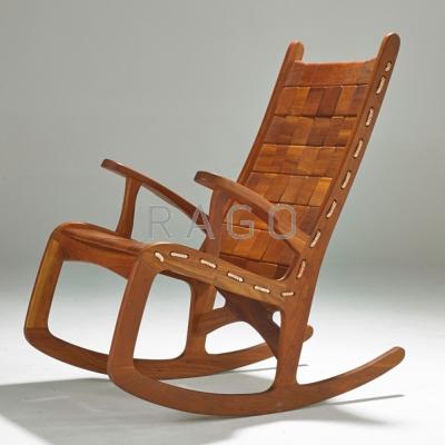 Appraisal: STUDIO Rocking chair Cherry and rope Signed Pompanoosuc dated x