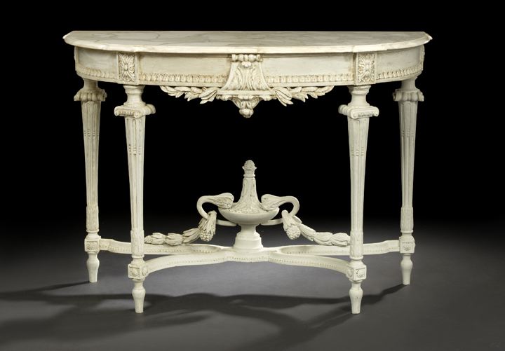 Appraisal: Pair of Louis XVI-Style Polychromed and Marble-Top Side Tables each