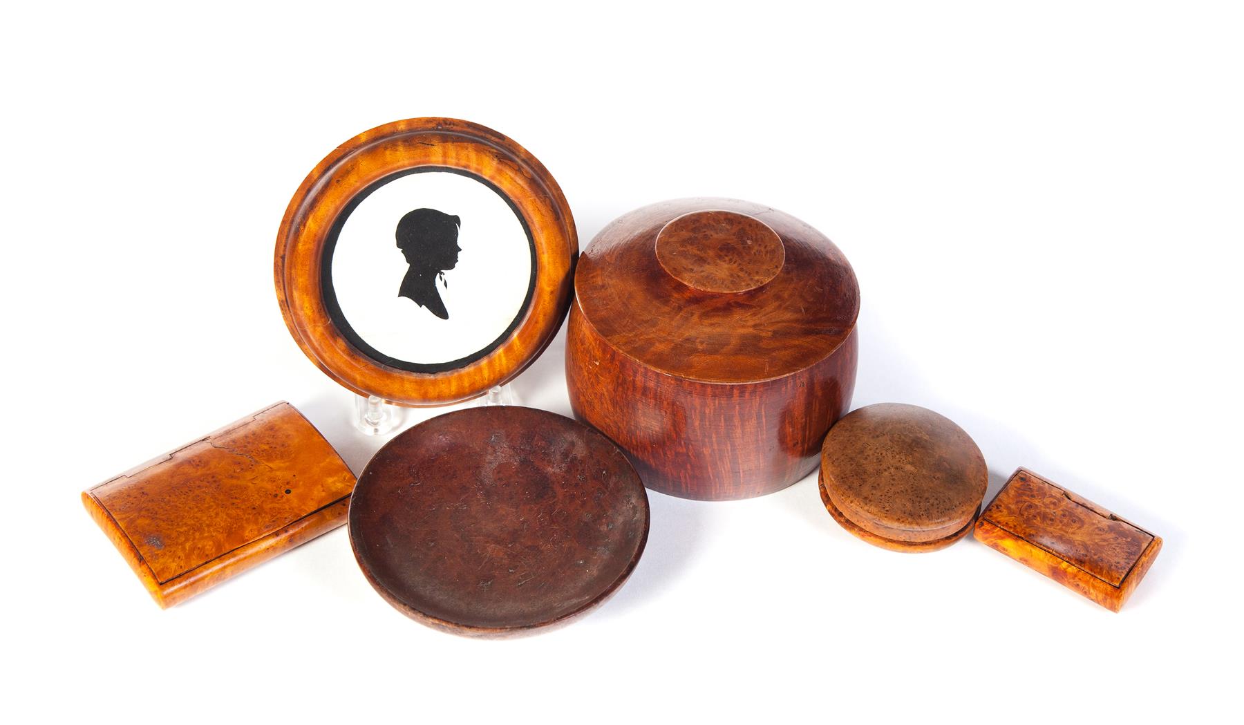 Appraisal: SIX PIECES OF BURL AND CURLY MAPLE American th century