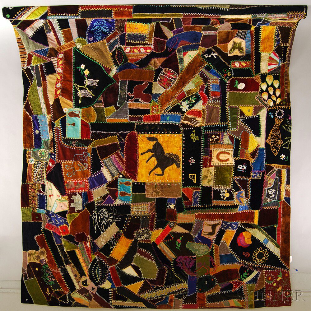 Appraisal: Silk and Velvet Pieced Crazy Quilt th th century stitched