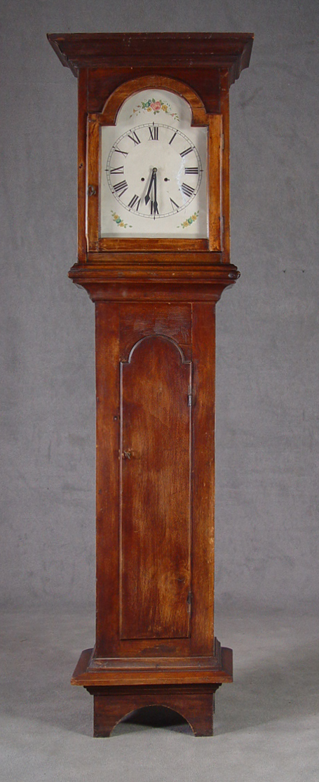 Appraisal: Country Walnut Tall Case Clock Arched tombstone door Painted Roman