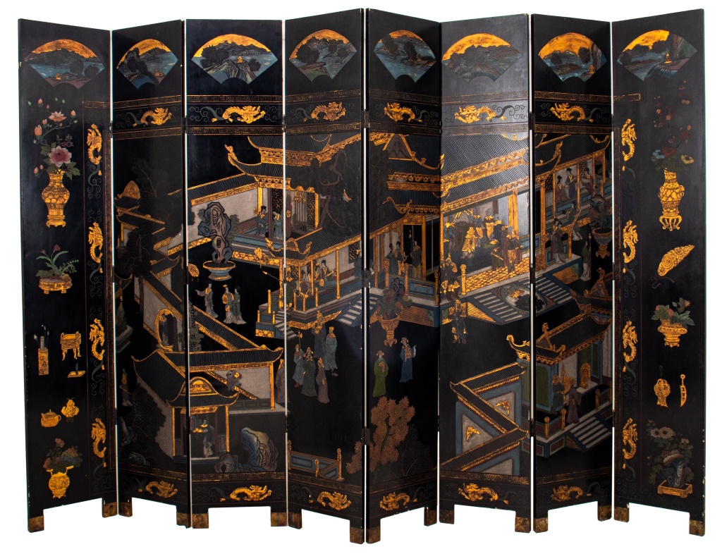 Appraisal: CHINESE COROMANDEL EIGHT PANEL SCREEN Chinese coromandel two-sided eight panel