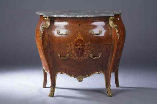 Appraisal: LOUIS XV STYLE GILT-METAL MOUNTED WALNUT AND MARQUETRY INLAID BOMBE