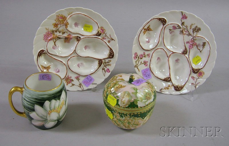 Appraisal: Four Pieces of Hand-painted Porcelain a pair of Haviland oyster