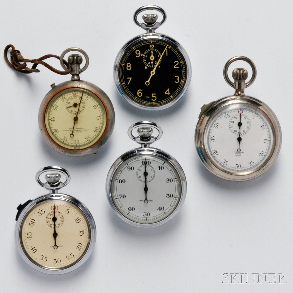 Appraisal: Five Military Stopwatches s three Waltham a black dial and