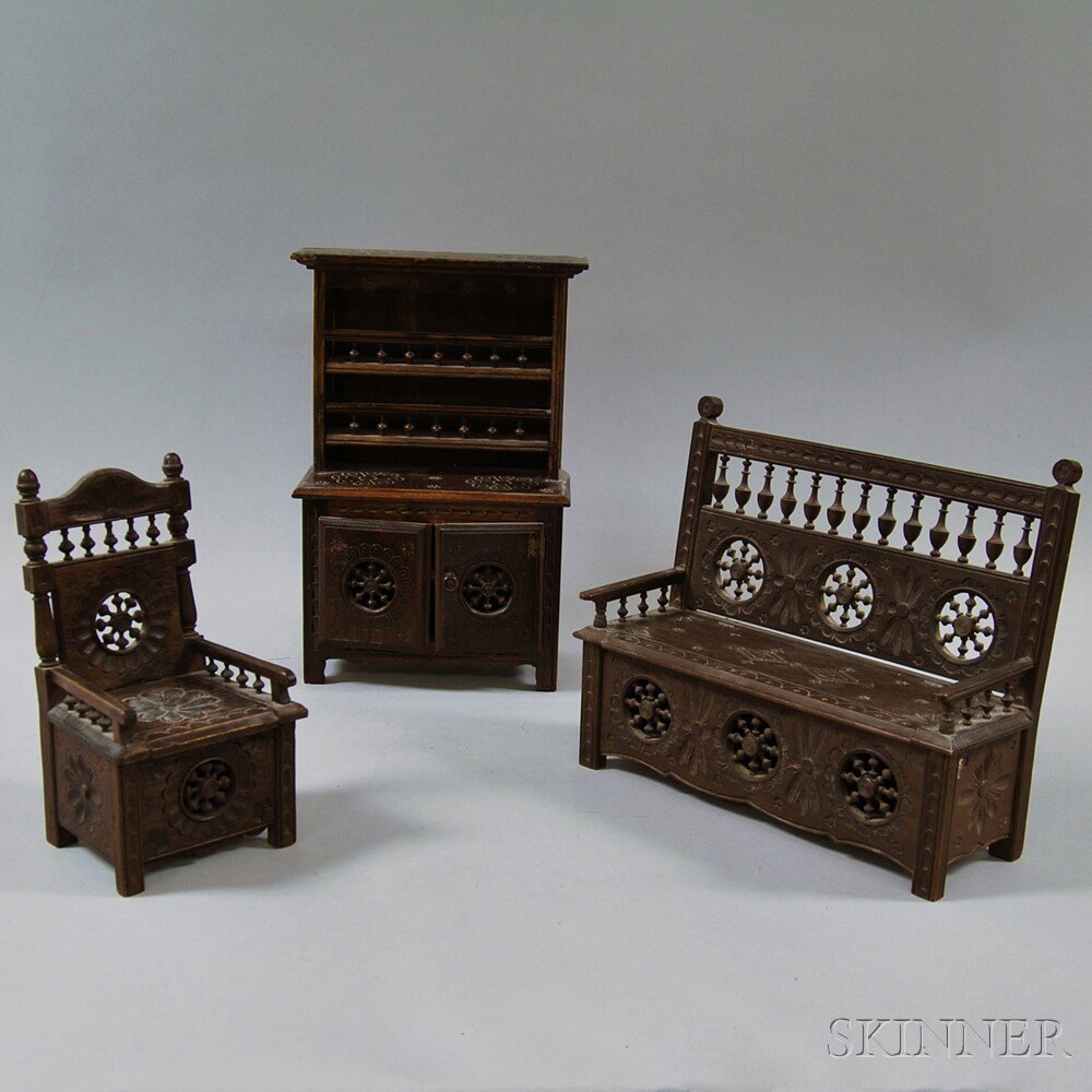 Appraisal: Three Pieces of Breton Carved Walnut Doll Furniture a chair