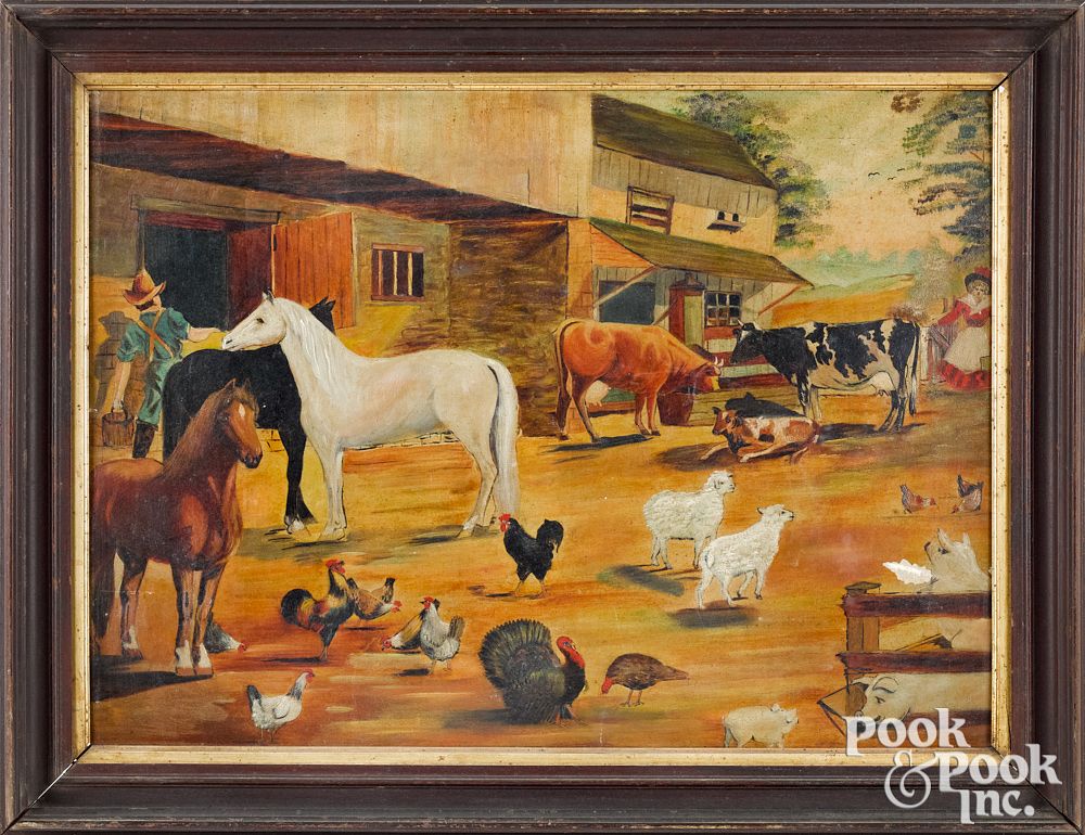 Appraisal: American primitive oil on board farmscene American primitive oil on