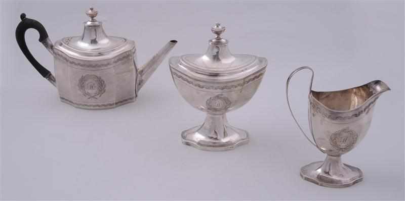 Appraisal: FEDERAL BRIGHT-CUT AND MONOGRAMMED SILVER THREE-PIECE TEA SERVICE JOHN SAYRE