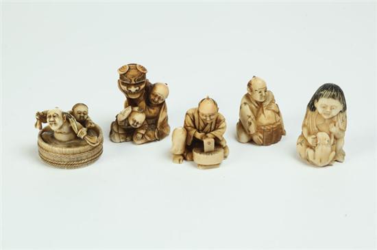 Appraisal: FIVE IVORY NETSUKES Japan st half- th century Four are