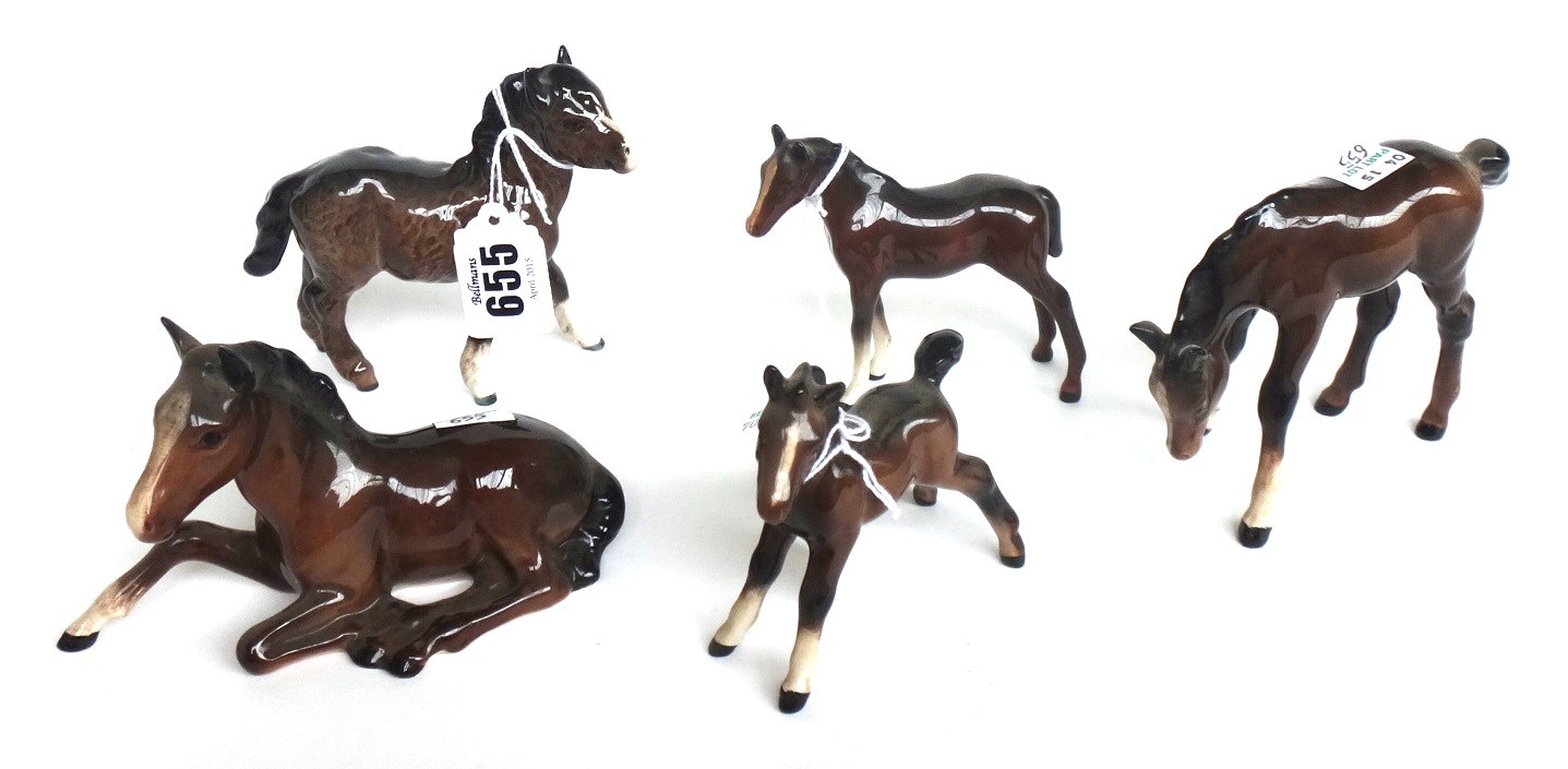 Appraisal: A Beswick Shetland pony and four Beswick brown gloss foals