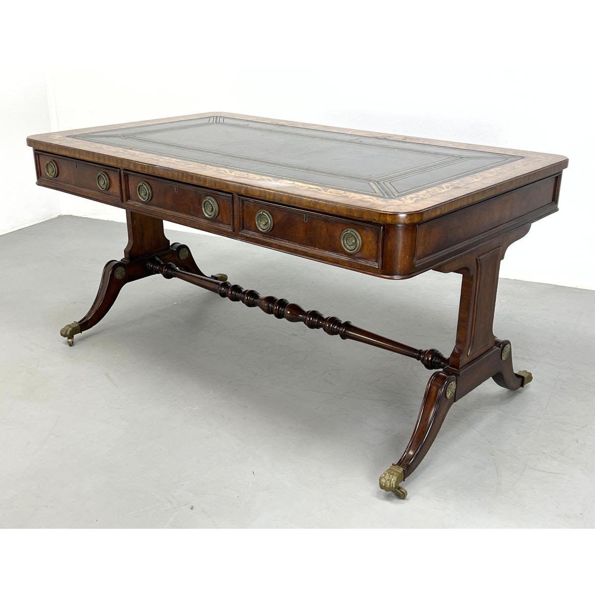 Appraisal: MAITLAND SMITH Leather Top Desk Foliate wood inlays Legs have