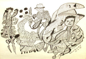 Appraisal: Follower of Scottie Wilson - - Figures and forms lithograph