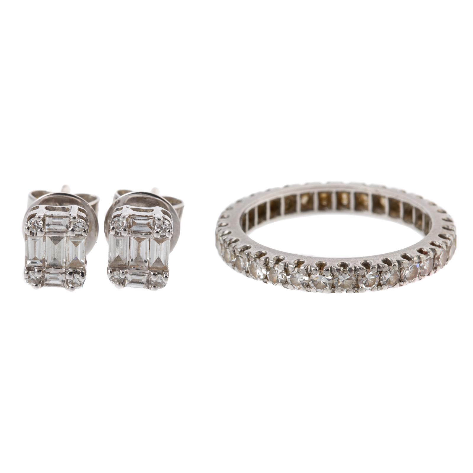 Appraisal: A PLATINUM DIAMOND ETERNITY BAND K EARRINGS Platinum round cut