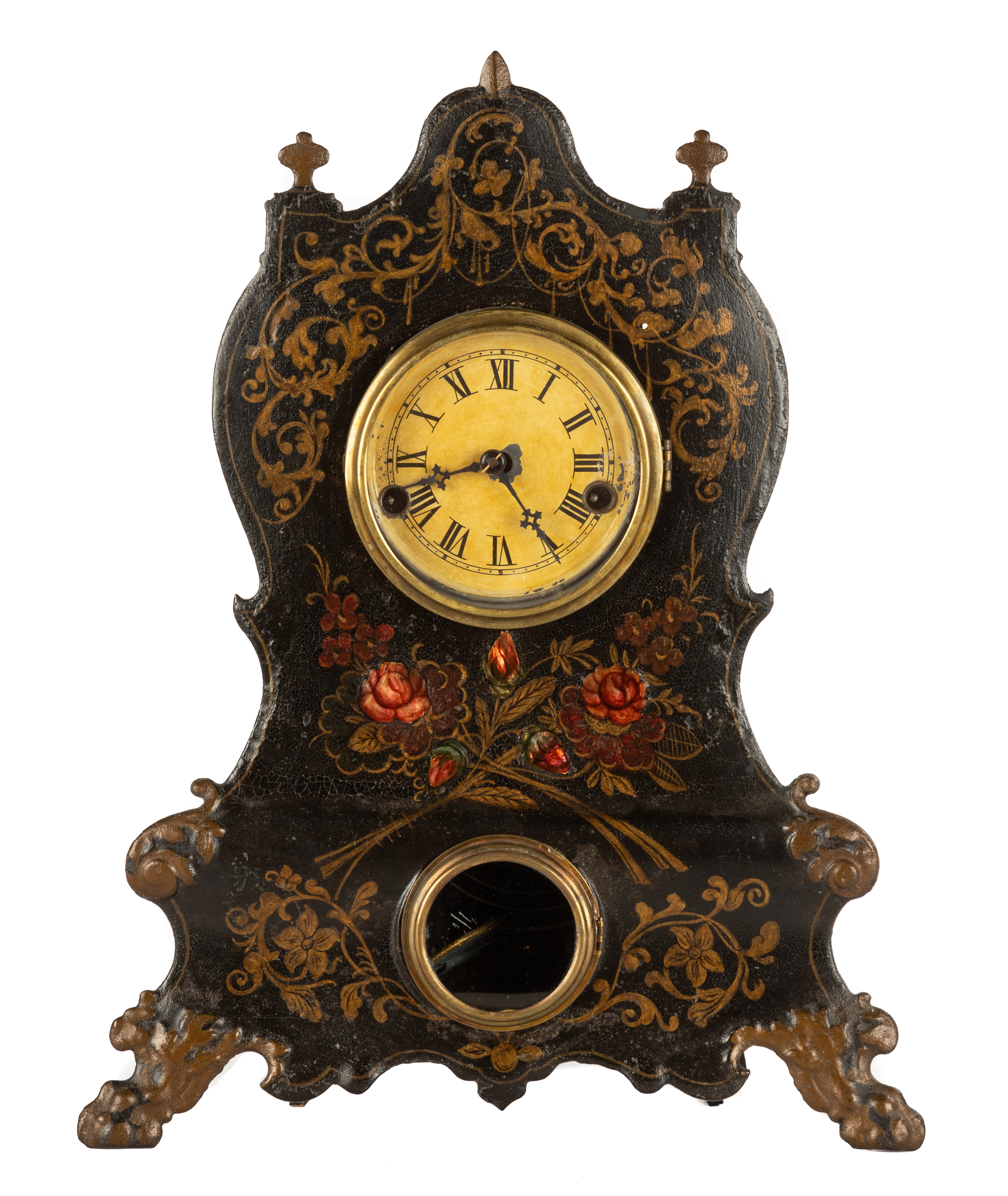 Appraisal: PAINTED IRON FRONT SHELF CLOCK Time and strike