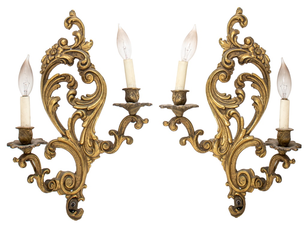 Appraisal: FRENCH ROCOCO STYLE GILT BRONZE WALL SCONCES PAIR Pair of