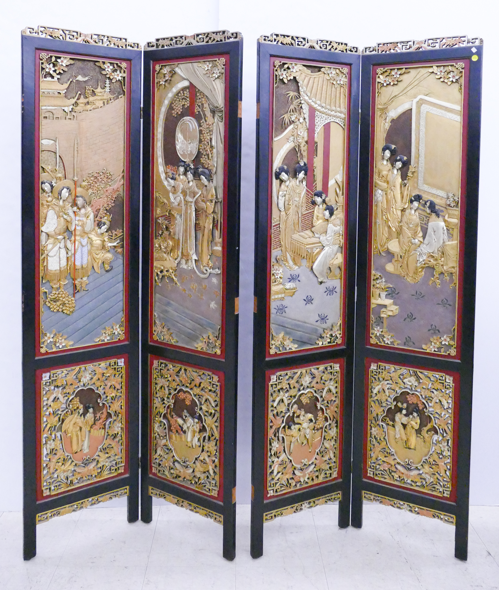 Appraisal: Ornate Chinese Gilt Carved Panel Room Screen missing some hinges