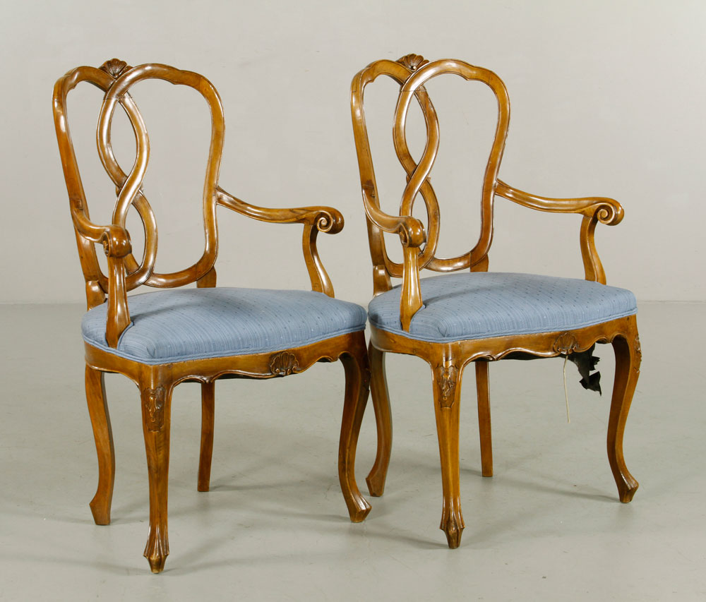 Appraisal: - Pr Continental Fruitwood Chairs Pair of Continental arm chairs