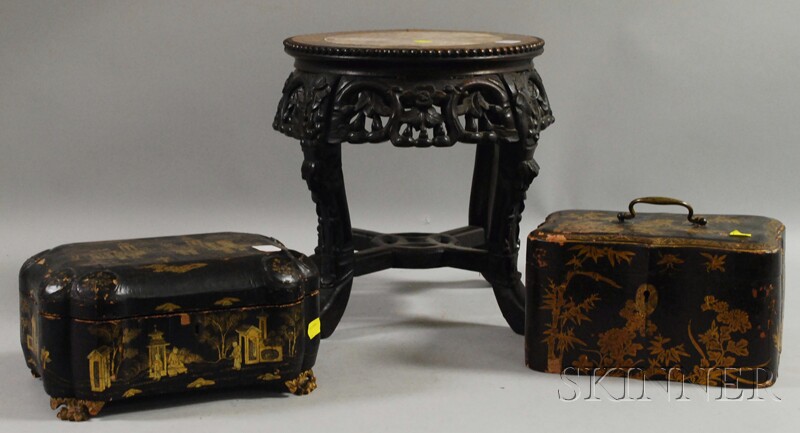 Appraisal: Small Chinese Export Marble-inset Carved Hardwood Stand and Two Gilt-decorated