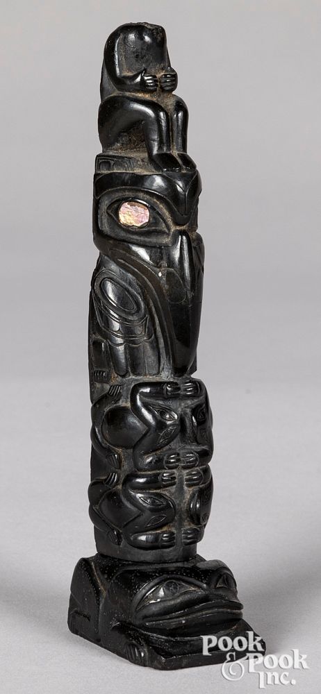 Appraisal: Haida carved argillite totem pole Haida carved argillite totem pole