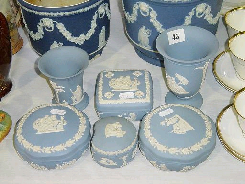 Appraisal: A collection of Wedgwood blue ground Jasperwares comprising jardineres with