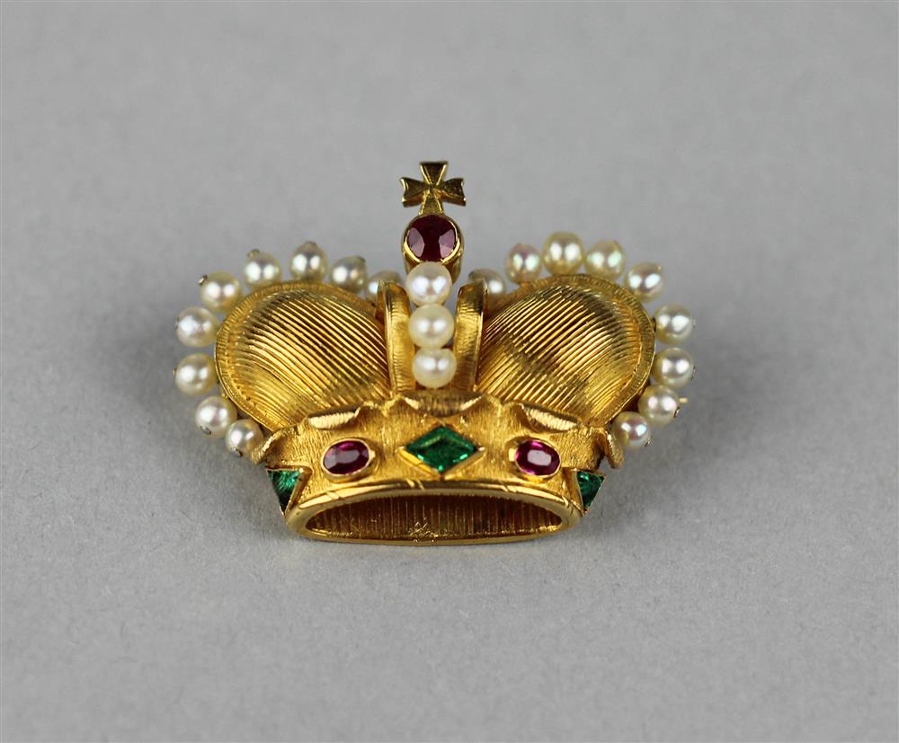 Appraisal: LADY'S JEWELED GOLD CROWN BROOCH stamped to back of crown