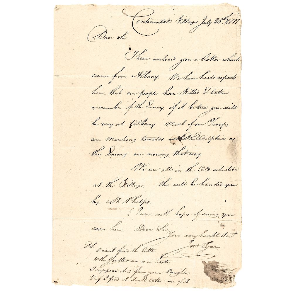 Appraisal: American Revolutionary War Autograph Letter Signed Jonathan Tyson American Revolution