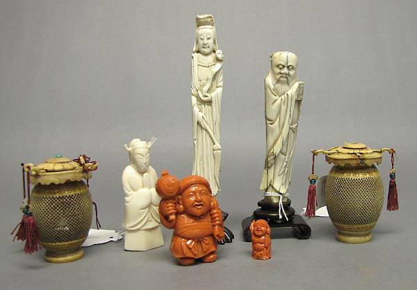 Appraisal: A group of Chinese ivory and Japanese coral carvings th