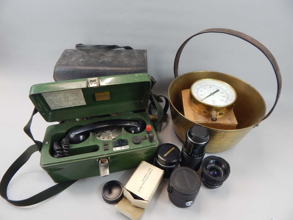 Appraisal: Various camera lenses accessories etc a pressure gauge a preserve