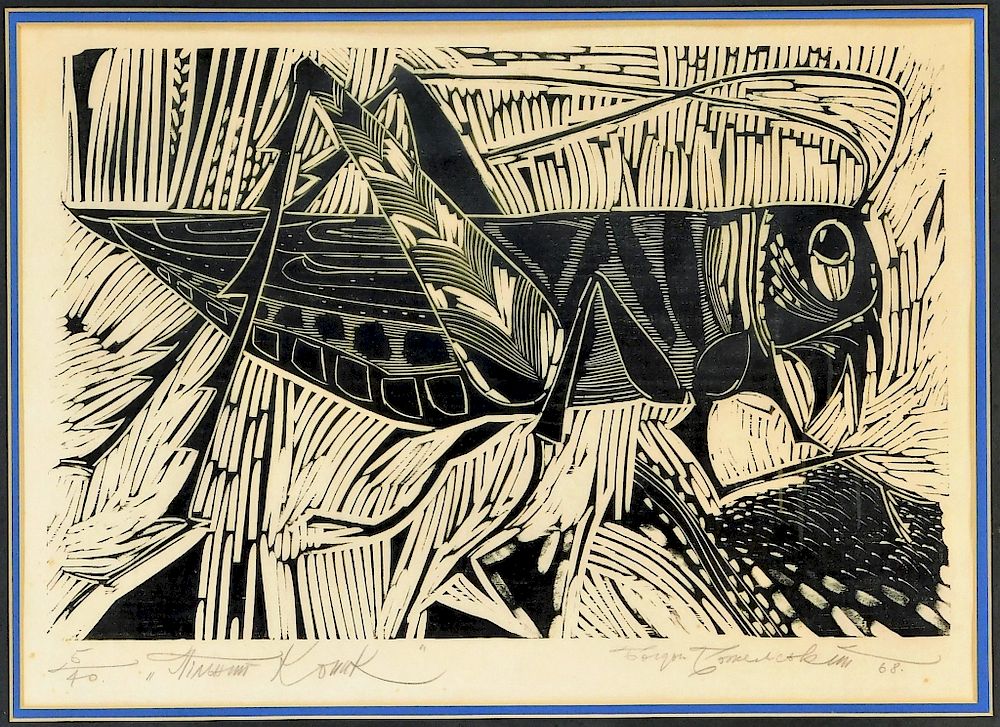 Appraisal: Modernist Grasshopper Woodblock Print United States Close up modern folk