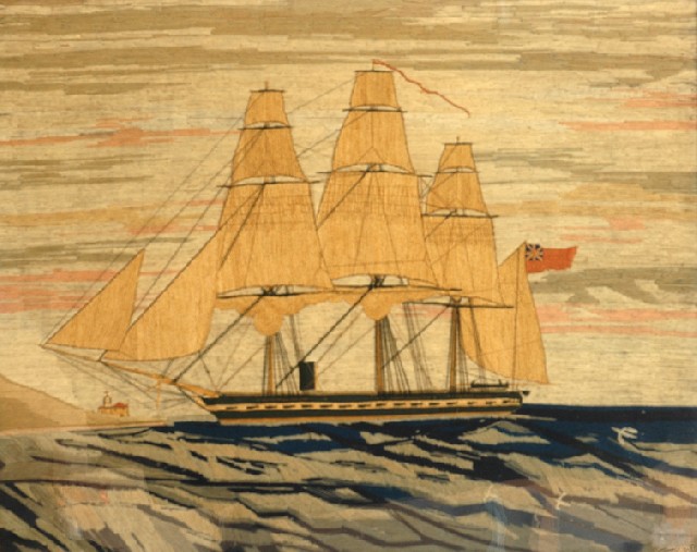 Appraisal: A TH CENTURY MARITIME NEEDLEWORK Depicting a ship at sea