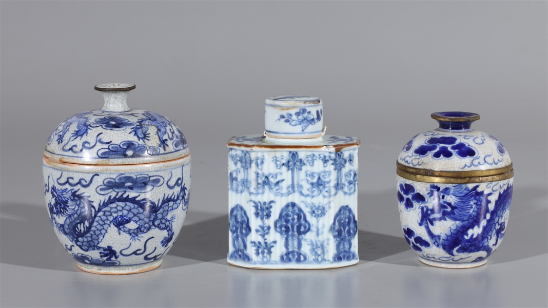 Appraisal: Three Chinese blue and white covered porcelain vessels each with