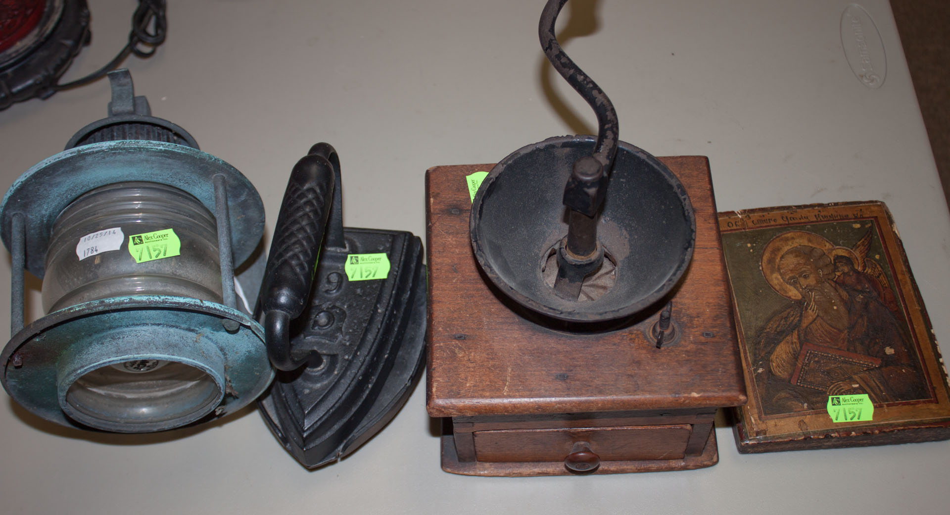 Appraisal: Assorted items including hand iron coffee mill porch lamp and