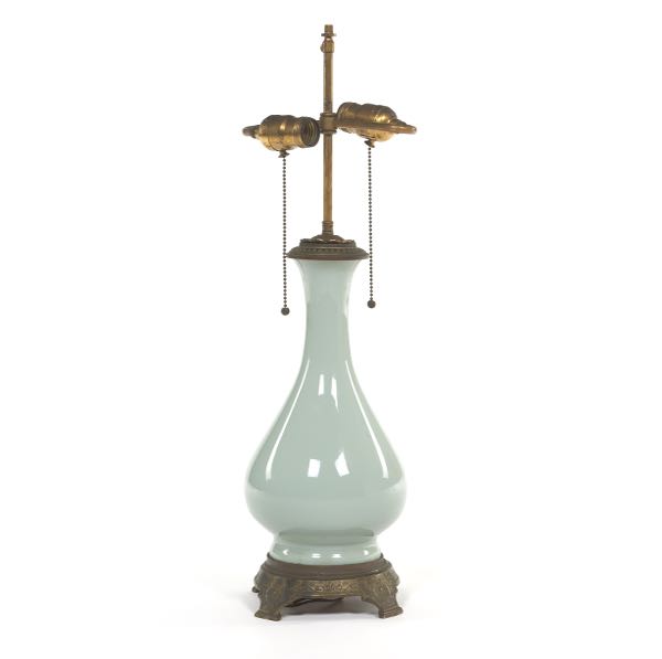 Appraisal: CHINESE CELADON PORCELAIN CONVERTED OIL LAMP ON AMERICAN EAST LAKE