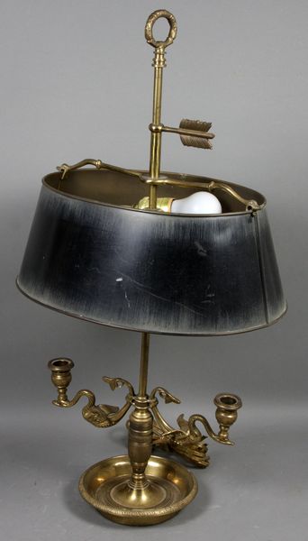 Appraisal: th Century brass bouillotte lamp with tole shade approx h