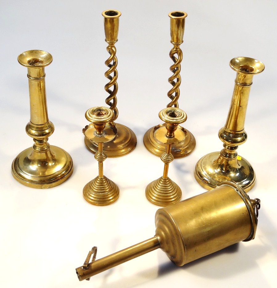 Appraisal: Various brassware comprising three pairs of candlesticks to include one