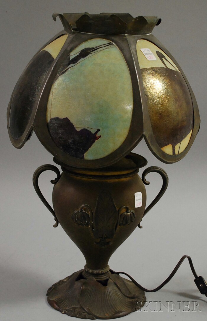 Appraisal: Late Victorian Brass-plated Metal Kerosene Lamp with Bohemian Iridescent Bent