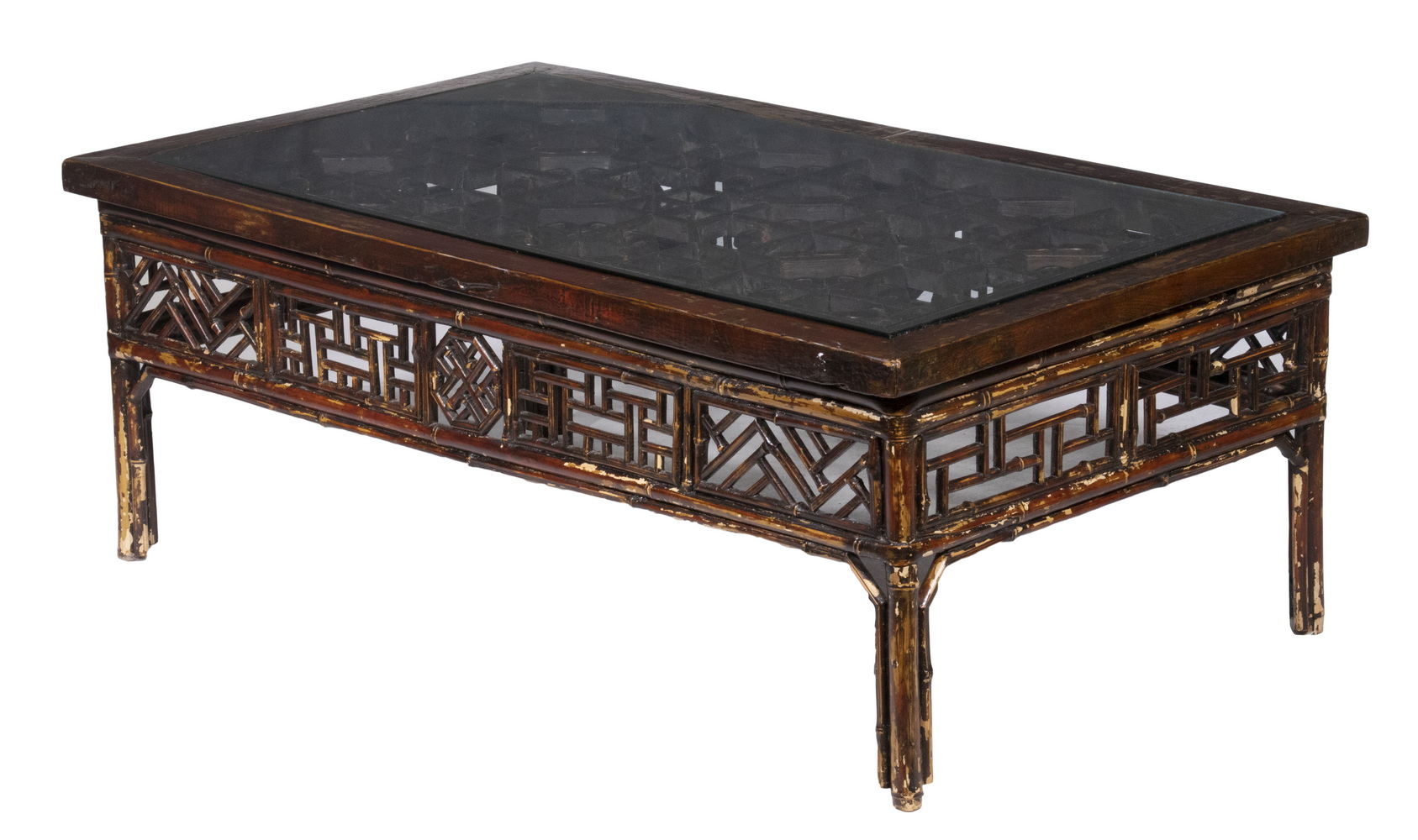 Appraisal: BAMBOO COFFEE TABLE Chinese Stained Bamboo Low Table wood framed