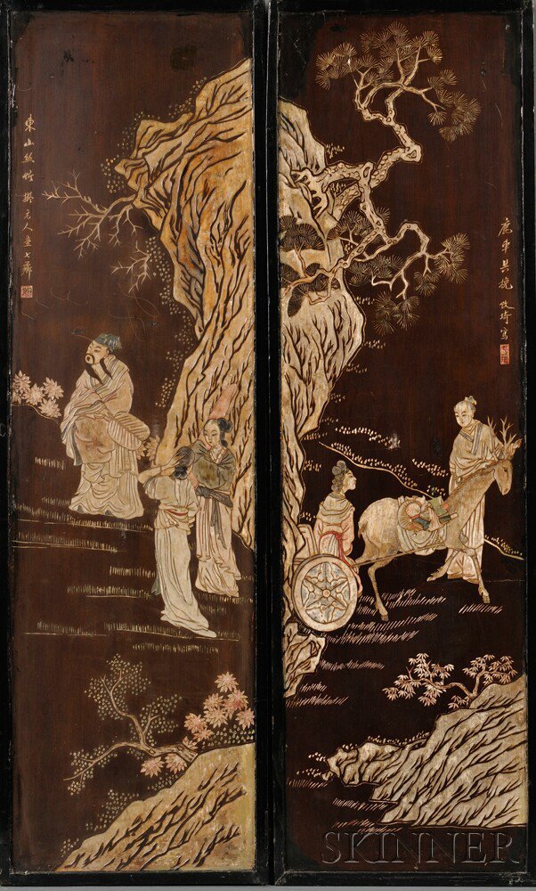 Appraisal: Two Carved Polychrome Lacquer Panels China th century depicting figures