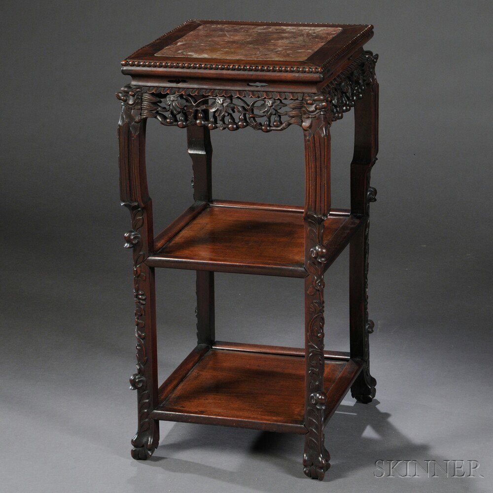 Appraisal: Square Marble-top Stand China hardwood with rose-colored marble panel set