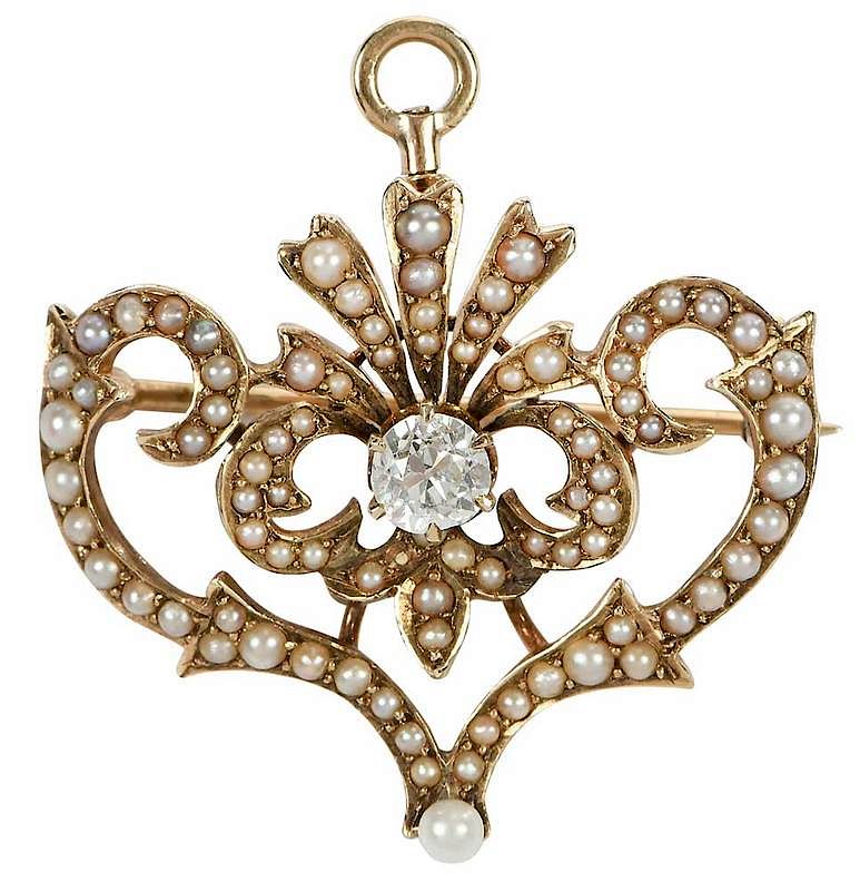 Appraisal: kt Diamond and Pearl Brooch and pendant hinged bail one